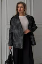 Женская Демисезонная Графитовая Кожаная Куртка Косуха Диса под Винтаж