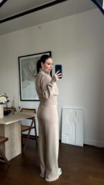 Женский Трикотажный Бежевый Костюм Кофта Штаны - Базовый Свободный на Молнии