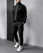 Мужской Черный Спортивный Костюм с Кантом - Кофта на Молнии + Штаны Джоггеры