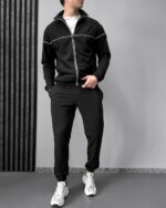 Мужской Черный Спортивный Костюм с Кантом - Кофта на Молнии + Штаны Джоггеры