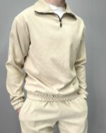 Мужской Вельветовый Молочный Костюм - Кофта с Зип Воротником + Штаны Джоггеры