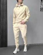 Мужской Вельветовый Молочный Костюм - Кофта с Зип Воротником + Штаны Джоггеры