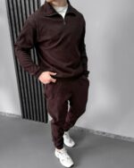 Мужской Вельветовый Коричневый Костюм - Кофта с Зип Воротником + Штаны Джоггеры