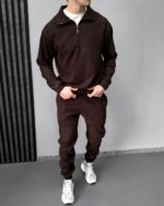 Мужской Вельветовый Коричневый Костюм - Кофта с Зип Воротником + Штаны Джоггеры