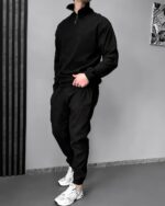 Мужской Вельветовый Черный Костюм - Кофта с Зип Воротником + Штаны Джоггеры