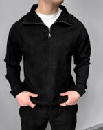 Мужской Вельветовый Черный Костюм - Кофта с Зип Воротником + Штаны Джоггеры