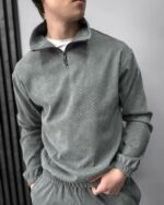 Мужской Вельветовый Серый Костюм - Кофта с Зип Воротником + Штаны Джоггеры