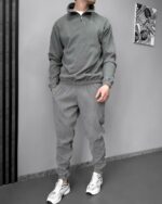 Мужской Вельветовый Серый Костюм - Кофта с Зип Воротником + Штаны Джоггеры
