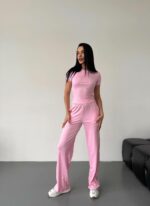 Женский Розовый Костюм Комплект Тройка - Футболка + Лонгслив + Штаны