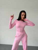 Женский Розовый Костюм Комплект Тройка - Футболка + Лонгслив + Штаны