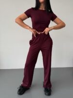 Женский Бордовый Костюм Комплект Тройка - Футболка + Лонгслив + Штаны
