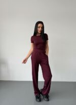 Женский Бордовый Костюм Комплект Тройка - Футболка + Лонгслив + Штаны