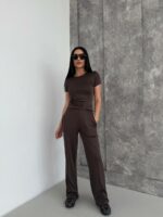 Женский Коричневый Костюм Комплект Тройка - Футболка + Лонгслив + Штаны