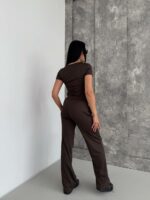 Женский Коричневый Костюм Комплект Тройка - Футболка + Лонгслив + Штаны