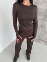 Женский Коричневый Костюм Комплект Тройка - Футболка + Лонгслив + Штаны