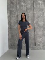 Женский Графитовый Костюм Комплект Тройка - Футболка + Лонгслив + Штаны
