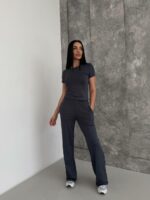 Женский Графитовый Костюм Комплект Тройка - Футболка + Лонгслив + Штаны