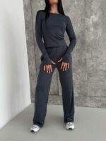 Женский Графитовый Костюм Комплект Тройка - Футболка + Лонгслив + Штаны