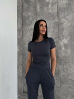 Женский Графитовый Костюм Комплект Тройка - Футболка + Лонгслив + Штаны