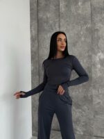 Женский Графитовый Костюм Комплект Тройка - Футболка + Лонгслив + Штаны