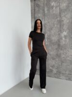 Женский Черный Костюм Комплект Тройка - Футболка + Лонгслив + Штаны