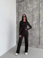 Женский Черный Костюм Комплект Тройка - Футболка + Лонгслив + Штаны