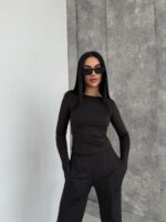 Женский Черный Костюм Комплект Тройка - Футболка + Лонгслив + Штаны