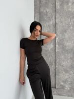 Женский Черный Костюм Комплект Тройка - Футболка + Лонгслив + Штаны