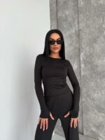 Женский Черный Костюм Комплект Тройка - Футболка + Лонгслив + Штаны