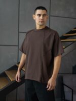 Мужская Хлопковая Коричневая Футболка Оверсайз - Объемная со Швами Наружу