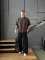 Мужская Хлопковая Коричневая Футболка Оверсайз - Объемная со Швами Наружу