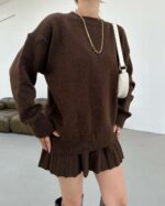 Женский Вязаный Коричневый Костюм - Свитер Оверсайз + Юбка Мини