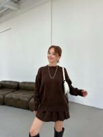 Женский Вязаный Коричневый Костюм - Свитер Оверсайз + Юбка Мини