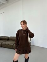 Женский Вязаный Коричневый Костюм - Свитер Оверсайз + Юбка Мини