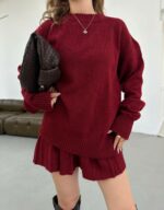 Женский Вязаный Бордовый Костюм - Свитер Оверсайз + Юбка Мини