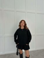Женский Вязаный Черный Костюм - Свитер Оверсайз + Юбка Мини