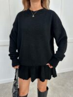 Женский Вязаный Черный Костюм - Свитер Оверсайз + Юбка Мини