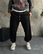 Мужские Теплые Флисовые Черные Штаны с Манжетами - Широкие Джоггеры