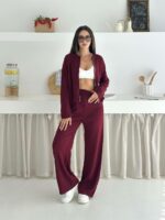 Женский Трикотажный Бордовый Костюм Двойка - Джемпер на Молнии + Штаны Палаццо