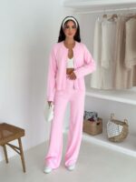 Женский Трикотажный Розовый Костюм Двойка - Джемпер на Молнии + Штаны Палаццо