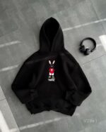 Мужское Черное Худи на Флисе - Свободного Кроя с Вышивкой Заяц