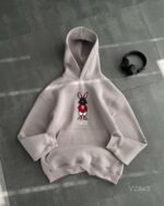 Мужское Серое Худи на Флисе - Свободного Кроя с Вышивкой Заяц