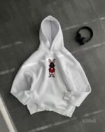 Мужское Белое Худи на Флисе - Свободного Кроя с Вышивкой Заяц