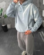 Мужское Голубое Худи Оверсайз с Маленькой Вышивкой - Трехнитка ТЕРМОХРОМ