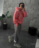 Мужское Розовое Худи Оверсайз с Маленькой Вышивкой - Трехнитка ТЕРМОХРОМ