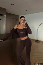 Женский Коричневый Костюм Тройка - Кофта на Молнии + Майка + Штаны Клеш