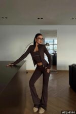 Женский Коричневый Костюм Тройка - Кофта на Молнии + Майка + Штаны Клеш