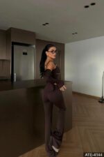 Женский Коричневый Костюм Тройка - Кофта на Молнии + Майка + Штаны Клеш