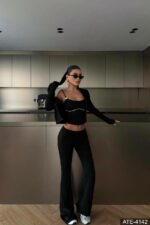 Женский Черный Костюм Тройка - Кофта на Молнии + Майка + Штаны Клеш