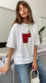 Женская Объемная Белая Футболка Оверсайз с Принтом "Coffee"